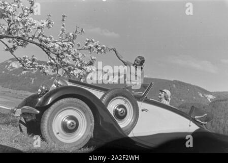 Zwei junge Frauen machen 5/6 einer Spazierfahrt mit dem Cabrio unter einem blühenden Kirschbaum im Schwarzwald Rast, Deutschland 1930er Jahre. Zwei junge Frauen ruhen unter einem blühenden Kirschbaum im Schwarzwald während Ihrer Reise mit einem Cabrio, Deutschland 1930. Stockfoto