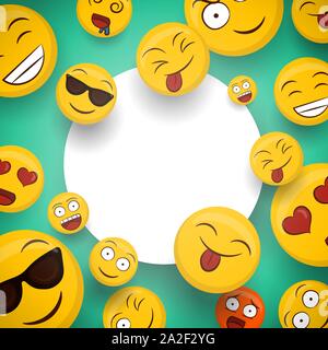 Soziale gelbes Emoticon Symbole auf dem isolierten weißen Raum Vorlage kopieren. Spaß smiley Cartoons umfasst fröhlich, nett und lustig Emotionen. Stock Vektor