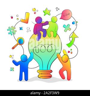 Spaß kreative Idee Konzept mit bunten Menschen zusammen auf große Glühbirne. Brainstorming oder Kreativität Projekt Abbildung. Stock Vektor
