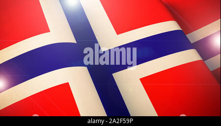 Norwegische Flagge. Warme Farben, matt. Wehende Flagge Norwegen patriotischen Hintergrund mit Lens flare Effekt. 3D-Darstellung Stockfoto