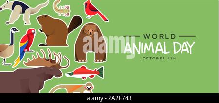 World Animal Day Banner der niedlichen Tiere Aufkleber in modernen Flachbild Cartoon Stil. Vielfältige Tierwelt Fauna gehören Braunbär, Jungle Monkey, Elche, Stock Vektor