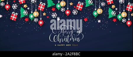 Frohe Weihnachten Web Banner Abbildung: urlaub Papier kunst Symbole auf dem festlichen Hintergrund. Stock Vektor