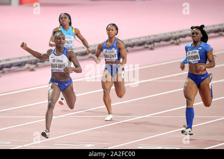 Dina Asher-Smith (Großbritannien, Gold). Brittany Braun (USA, Silber), Dezerea Bryant (USA), Tynia Gaither (Bahamas). 200 m Finale. IAAF Leichtathletik WM, Doha 2019 Stockfoto