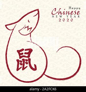 Happy Chinese New Year 2020 Grußkarte Abbildung: rote Maus im asiatischen Stil für tierische Horoskop Urlaub. Traditionelle Kalligraphie translati Stock Vektor