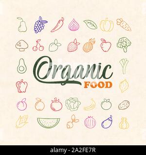 Organic Food Icon Set von bunten Gemüse Obst in der Hand gezeichneten Umriss Stil. Gesundes Kochen Zutat Sammlung umfasst Apfel, Wassermelone, Tomat Stock Vektor