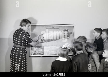 Eine Schulklasse lässt sich mit großem Interesse von ihrer Lehrerin den Aufbau eines Zeppeline erklären, Zeppelin Siedlung bei Frankfurt am Main, Deutschland 1930er. Ein Lehrer erklärt den Bau einer zeppelinl zu ihrer Schüler, die Hören mit großem Interesse sind, zeppelin Dorf in der Nähe von Frankfurt am Main, Deutschland 1930. Stockfoto