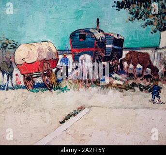 Morgendunst og Zigeuner mit Wohnwagen - Mein Traum. Stockfoto