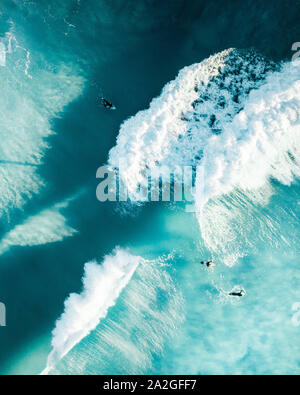 Surfer genießen massive Wellen bei Sonnenaufgang in den Ozean. Schöne Bedingungen und Ort für ein Morgen surf Wettbewerb fit und gesund halten Stockfoto