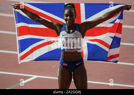 Doha, Katar. 02 Okt, 2019. Dina Asher-Smith gewinnt 200 m Goldmedaille bei den IAAF Weltmeisterschaften im Khalifa International Stadium. Credit: SOPA Images Limited/Alamy leben Nachrichten Stockfoto