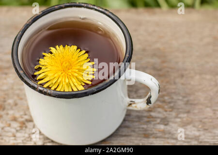 Tee aus gelben Blumen Löwenzahn (Taraxacum officinale) in einem weiß emaillierte alte Schale, eine Feder, warmen Tag. Stockfoto