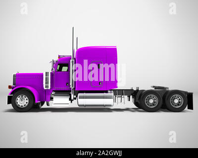 Moderne Lastwagen Traktor für Cargo Transport drei Achse ohne Anhänger violett Seitenansicht 3D-Render auf grauem Hintergrund mit Schatten Stockfoto