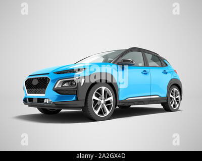 Modernes blaues Auto Crossover vor 3D-Render auf grauem Hintergrund mit Schatten Stockfoto