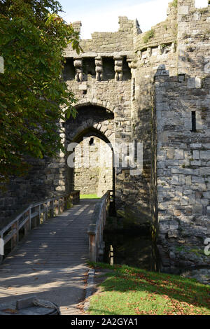 Die Holzbrücke und Haupteingang Beaumaris Castle auf Anglesey im Norden von Wales Stockfoto