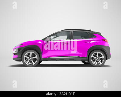 Moderne lila Auto Crossover Seitenansicht 3D-Render auf grauem Hintergrund mit Schatten Stockfoto
