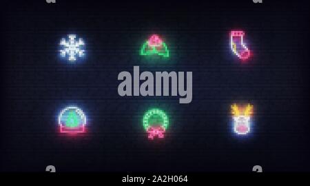 Weihnachten neon Ikonen. Vektor leuchtende Neon bunte Symbole für Weihnachten und Neujahr Stock Vektor