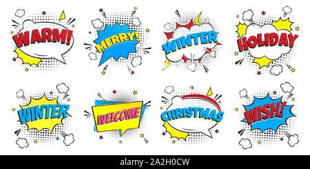 8 Comic Winter Schriftzug in den Sprechblasen Comic-stil flache Bauform. Dynamische Pop Art Vector Illustration isoliert auf weißem Hintergrund. Ausrufezeichen Stock Vektor