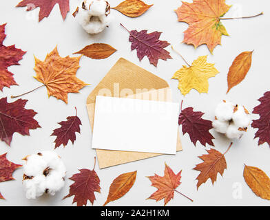 Umschlag, Baumwolle, Blumen, getrocknete Blätter auf weißem Hintergrund. Herbst, Herbst Konzept. Flach, Ansicht von oben, kopieren Raum Stockfoto