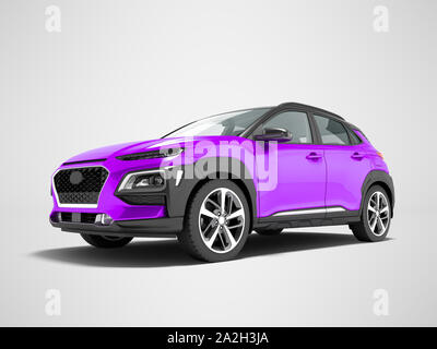 Moderne lila Auto Crossover vor 3D-Render auf grauem Hintergrund mit Schatten Stockfoto