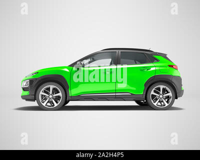 Moderne grüne Auto Crossover Seitenansicht 3D-Render auf grauem Hintergrund mit Schatten Stockfoto