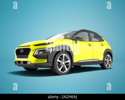 Modernes gelbes Auto Crossover vor 3D-Render auf blauem Hintergrund mit Schatten Stockfoto
