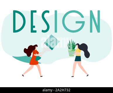 Vector Illustration mit Menschen mit Tools für Malerarbeiten, design Inschrift. Malerei, Reparatur von Räumlichkeiten. Gebäude, Bau, Instandsetzung Stock Vektor