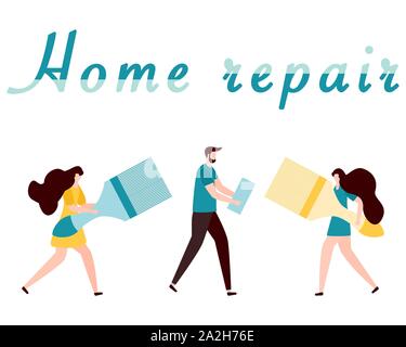 Vector Illustration mit Menschen mit Tools für Malerarbeiten, Reparatur Inschrift. Malerei, Reparatur von Räumlichkeiten. Gebäude, Bau, home Stock Vektor