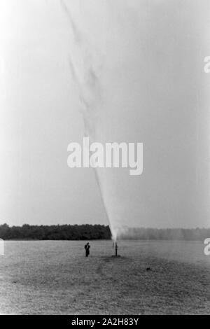 Eine Regenanlage im landwirtschaftlichen Einsatz bei einem Kartoffelacker, Deutschland 1930er Jahre. Eine Sprinkleranlage in der landwirtschaftlichen Nutzung in einem Kartoffelfeld, Deutschland 1930. Stockfoto