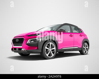 Moderne rosa Auto Crossover vor 3D-Render auf grauem Hintergrund mit Schatten Stockfoto