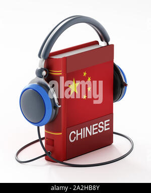 Chinesisch Wörterbuch mit Kopfhörern auf weißem Hintergrund. 3D-Darstellung. Stockfoto