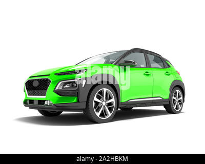 Moderne grüne Auto Crossover vor 3D-Render auf weißem Hintergrund mit Schatten Stockfoto