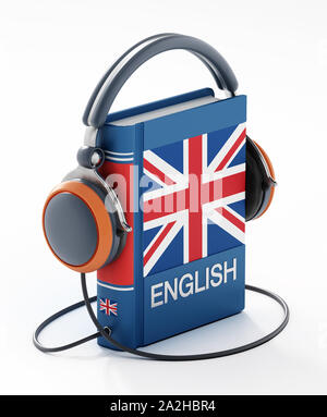 Englisch Wörterbuch mit Kopfhörern auf weißem Hintergrund. 3D-Darstellung. Stockfoto