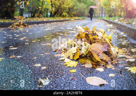 Ein Haufen Blätter im Herbst die Reinigungsmittel an den Rand der Asphalt der Straße auf dem Bürgersteig gefegt, einem langweiligen regnerischen Tag, im Hintergrund kommt ein Mann und Sie Stockfoto