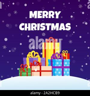 Frohe Weihnachten Gruß Postkarte mit Haufen vorhanden Geschenkboxen. Eine Menge Geschenke für die Feiertage iflat Stil Design Vector Illustration isoliert auf dunklen Stock Vektor