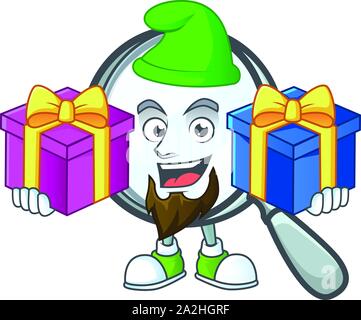 Bringen zwei Geschenke Lupe Zeichentrickfigur mit Maskottchen. Stock Vektor