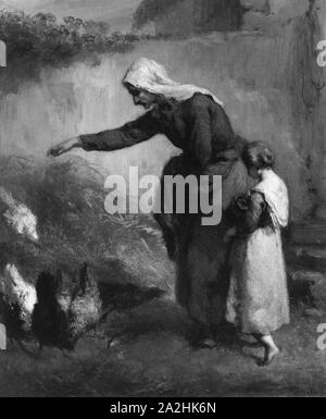 Frau Fütterung Hühner, 1846/48, Jean-François Millet, Französisch, 1814-1875, Frankreich, Öl auf Leinwand, 45,8 × 38,2 cm (18 1/4 x 15 in. Stockfoto