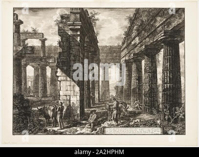 Innenansicht der bleibt eines der pronaoi der Tempel des Neptun, die binnenschifffahrt Gesichter, aus verschiedenen Ansichten von Paestum, 1778, Giovanni Battista Piranesi, Italienischer, 1720-1778, Italien, Ätzung auf Elfenbein Papier, 495 x 675 mm (Bild), 504 x 682 mm (Platte), 563 x 763 mm (Blatt festgelegt Stockfoto