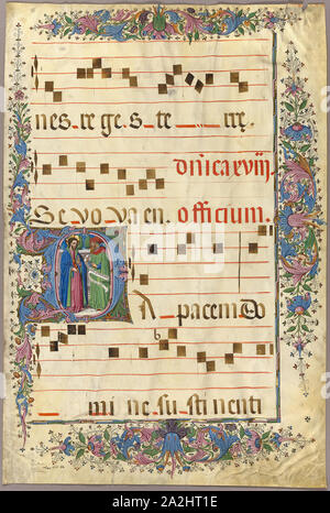 Christus und die Pharisäer in eine historisierende Initial D von einer schrittweisen, 1430/90, Spanisch (Sevilla), Meister der Zypressen (Pedro de Toledo oder Nicolás Gómez) (Spanisch, blühte, C. 1420-1440 oder 1460-1490), Spanien, Manuskript in Tempera und Blattgold schneiden, mit abgerundeten Gothica textualis Inschriften in bräunlich schwarz Tinte, in Rot regiert, auf Pergament, 180x210 mm (initial), 690 x 460 mm (Textblock), 880 x 589 mm (Blatt Stockfoto