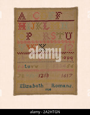 Sampler, 1838, Elisabeth (geb. Römer) Clarke (Kanada, 1830 (?)-1899), Kanada, Ontario, Kanada, Bettwäsche, in Leinwandbindung, bestickt mit Wolle Garne in der algerischen Auge, Kreuz, gekreuzt, Saum, und Reis Stiche, 42,5 × 30,8 cm (16 3/4 x 12 1/8 in. Stockfoto