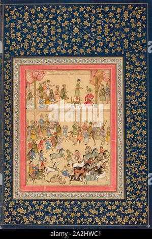 Royal Horse Inspektion, Safavid Dynastie (1501 - 1722), Ende des 17. Jahrhunderts, Iran, wahrscheinlich Isfahan, Ali Quli Jabbadar, Iran, opak Aquarell und Gold auf Papier, Seite: 46,8 × 31,1 cm, Malerei: 23,1 × 17 cm Stockfoto