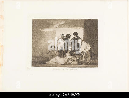 Dank der Hirse, Platte 51 aus den Katastrophen des Krieges, 1812/15, veröffentlicht 1863, Francisco José de Goya y Lucientes, Spanisch, 1746-1828, Spanien, Radierung und Aquatinta brüniert auf Elfenbein webte Papier mit vergoldeten Kanten, 129 x 175 mm (Bild), 153 x 205 mm (Platte), 240 x 340 mm (Blatt Stockfoto