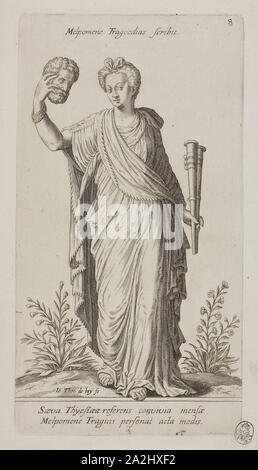 Melpomene, Muse der Tragödie, Platte 8 von Parnassus Bizeps, 1601, Johann Theodor de Bry (1561-1623), nachdem Jean-Jacques Boissard (Französisch, 1533-1598), Frankfurt/Oder, Gravur in Schwarz auf Elfenbein Bütten, 235 × 140 mm (Bild), 257 x 140 mm (Platte), 278 × 164 mm (Blatt Stockfoto