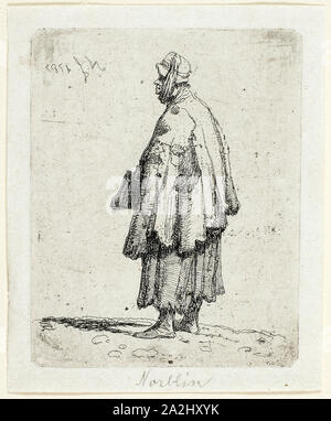 Bettler Frau, 1787, Jean-Pierre Norblin de la Gourdaine, Französisch, 1745-1830, Frankreich, Ätzung auf Elfenbein China Papier, 66 × 53 mm (Bild/Platte), 75 × 62 mm (Blatt Stockfoto