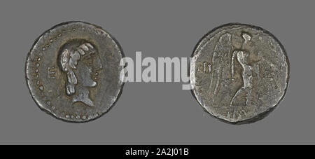 Quinarius (Münze) Darstellung des Gottes Apollo, etwa 90 v. Chr., Römische, Römisches Reich, Silber, Durchm. 1,4 cm, 1,99 g Stockfoto