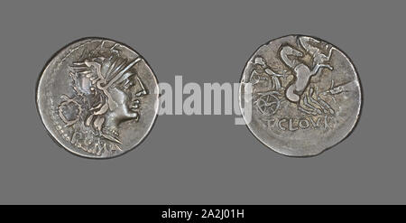 Denar (Münze) mit der Darstellung der Göttin Roma, 128 v. Chr., Römische, Römisches Reich, Silber, Durchm. 2 cm, 3,89 g Stockfoto