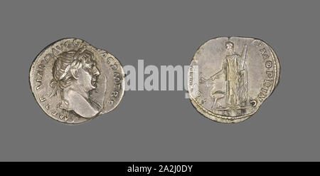 Denar (Münze) Darstellung von Kaiser Trajan, AD 98/117, Römische, in Rom, Römische Reich, Silber, Durchm geprägt. 2 cm, 3,37 g Stockfoto