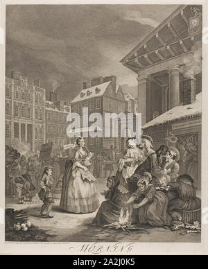 Morgen, Platte aus der vier Zeiten des Tages, Mai 1738, William Hogarth, Englisch, 1697-1764, England, Ätzen und Gravieren in Schwarz auf Elfenbein Bütten, 455 × 376 mm (Bild), 488 x 395 mm (Platte), 660 × 495 mm (Blatt Stockfoto