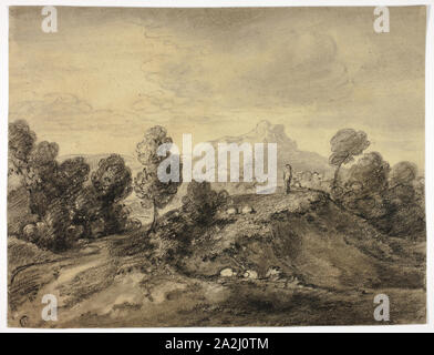 Hügelige Landschaft mit Hirt und Herde, n.d., Nachfolger von Thomas Gainsborough, Englisch, 1727-1788, England, Anthrazit mit stumping auf Tan webte Papier, 281 × 371 mm. Stockfoto