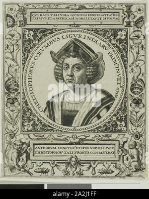 Christopher Columbus, Titelblatt von Band 5 von Theodor de Bry Nordamerika, 1595, schrieb Johann Theodor de Bry (1561-1623), nach Sebastiano del Piombo (Italienisch, C. 1485-1547), Deutschland, Gravur in Schwarz auf Elfenbein Bütten, 158 x 132 mm Stockfoto