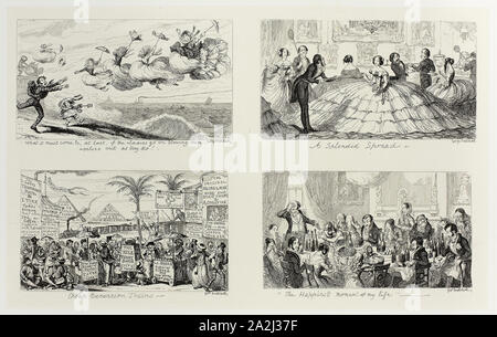 Was muss es Endlich, wenn die Damen gehen auf Blasen, sich selbst aus, wie Sie es tun! Von George Cruikshank Stahl Radierungen auf den Comic Almanacks: 1835-1853 (oben links), 1850, C. 1880, George Cruikshank (Englisch, 1792-1878), Pickering & Chatto (Englisch, 19. Jahrhundert), England, vier Stahl Radierungen in Schwarz auf Creme Indien Papier veröffentlicht, die auf off-white Card (chine collé), 209 × 334 mm (Primary Support), 344 × 506 mm (sekundäre Unterstützung Stockfoto