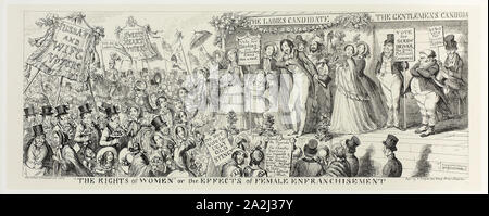 Die Rechte der Frauen oder die Auswirkungen der weiblichen Enfranchisement von George Cruikshank Stahl Radierungen auf den Comic Almanacks: 1835-1853, 1853, C. 1880, George Cruikshank (Englisch, 1792-1878), Pickering & Chatto (Englisch, 19. Jahrhundert), England, Stahl ätzen in Schwarz auf Creme Indien Papier veröffentlicht, die auf off-white Card (chine collé), 161 × 414 mm (Primary Support), 253 × 504 mm (sekundäre Unterstützung Stockfoto